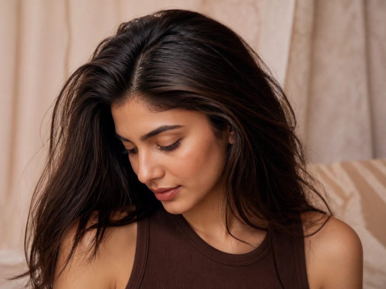 Hair falling into its natural parting after being pushed back