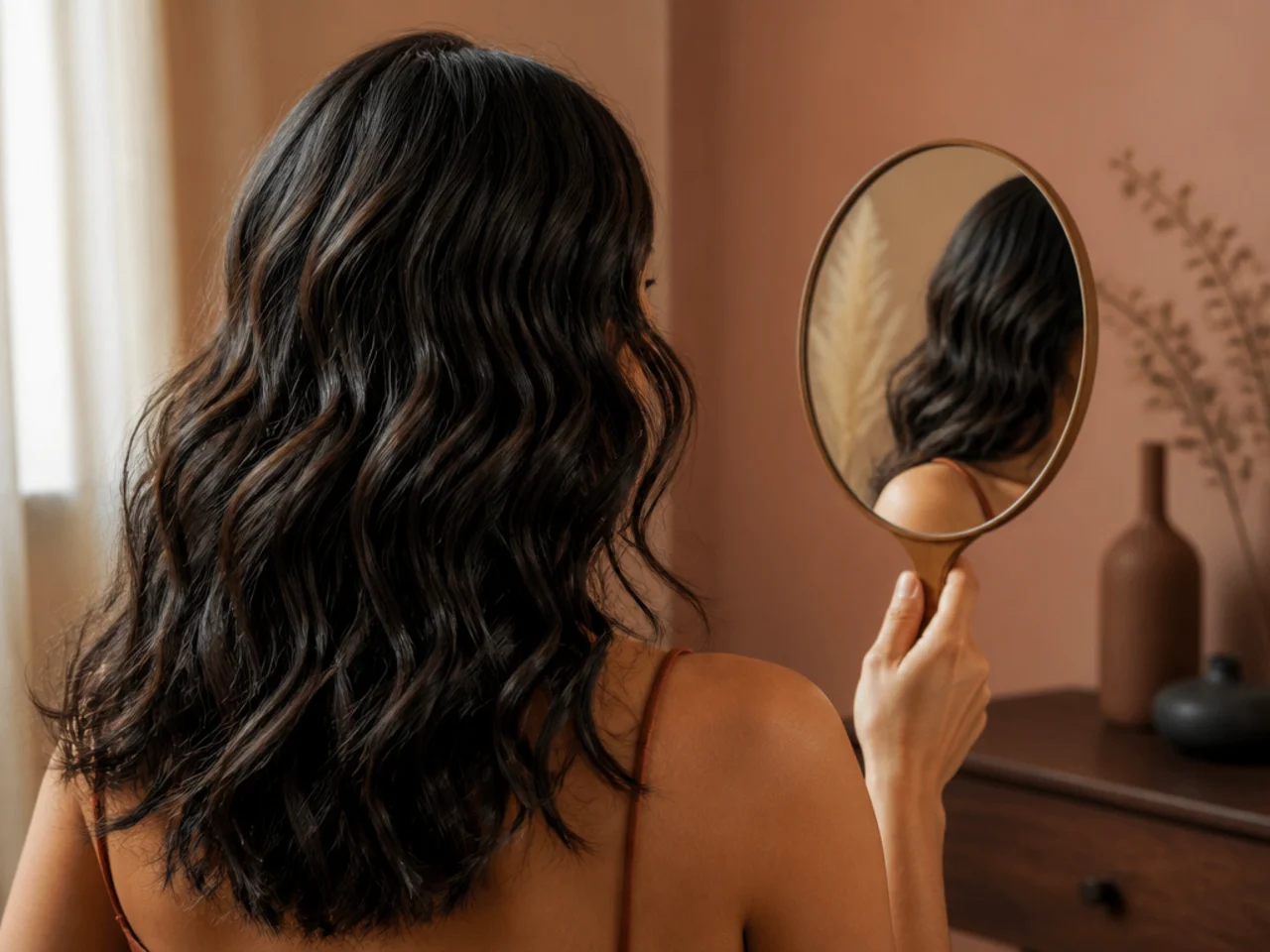 The back of the head being checked in a hand mirror