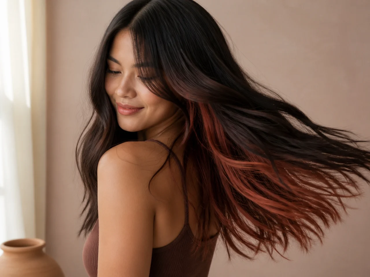 Three quarter view of hair with a hidden colour panel showing in motion