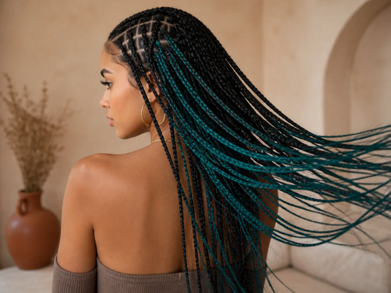 Teal extensions in knotless braids