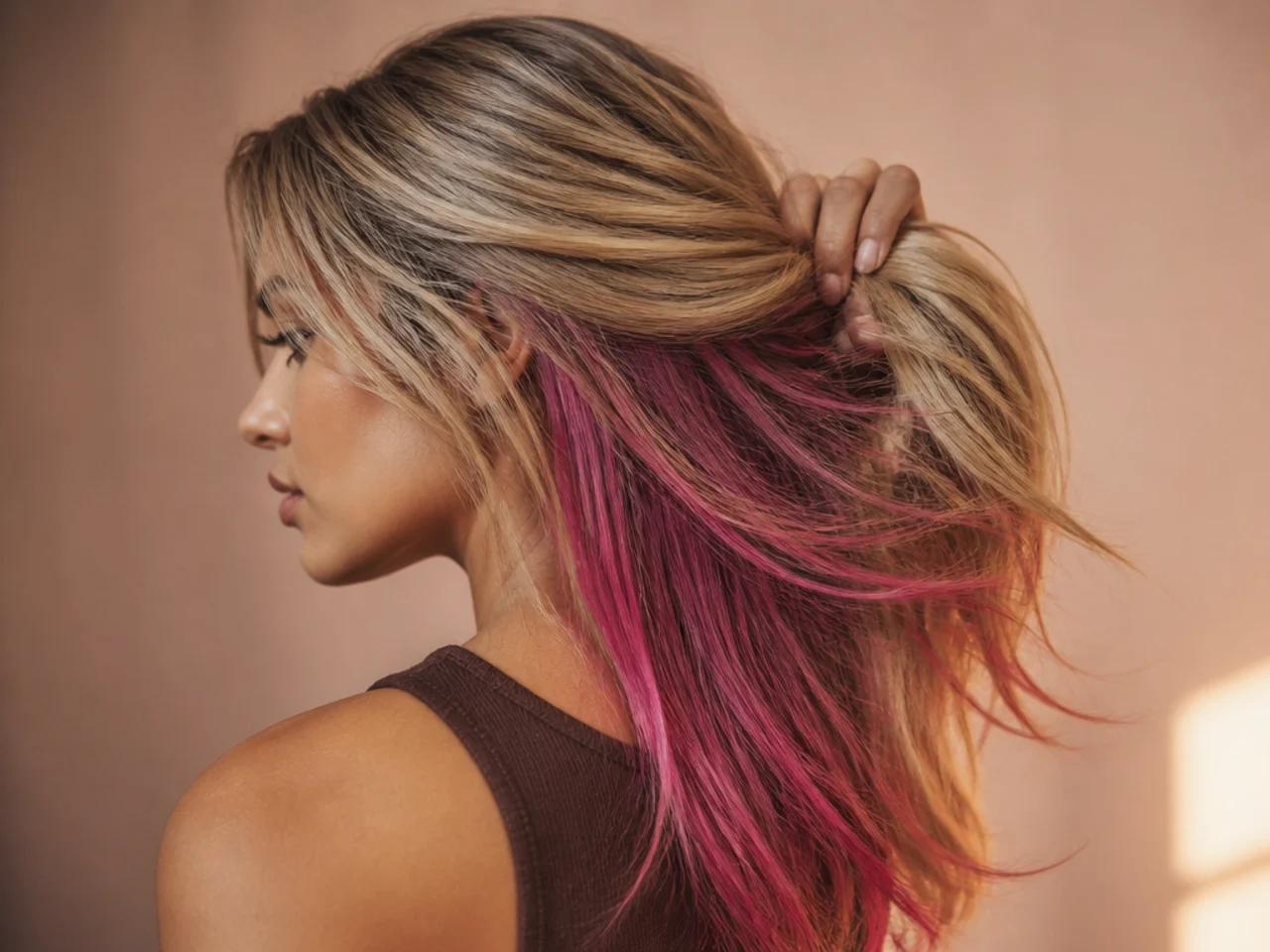 A magenta panel on blonde hair
