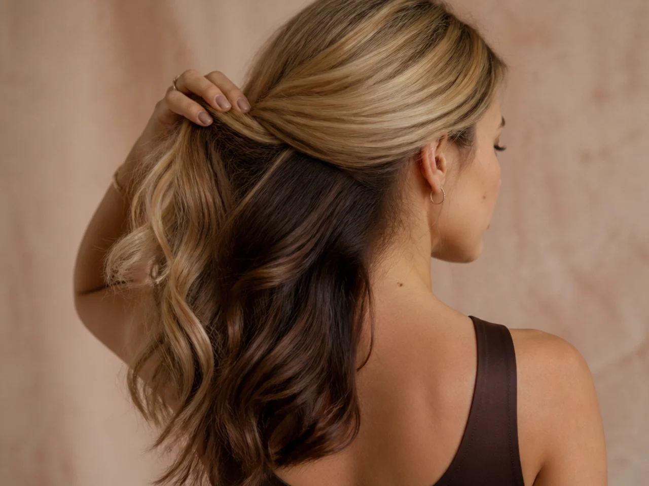 A dark chestnut panel under blonde hair