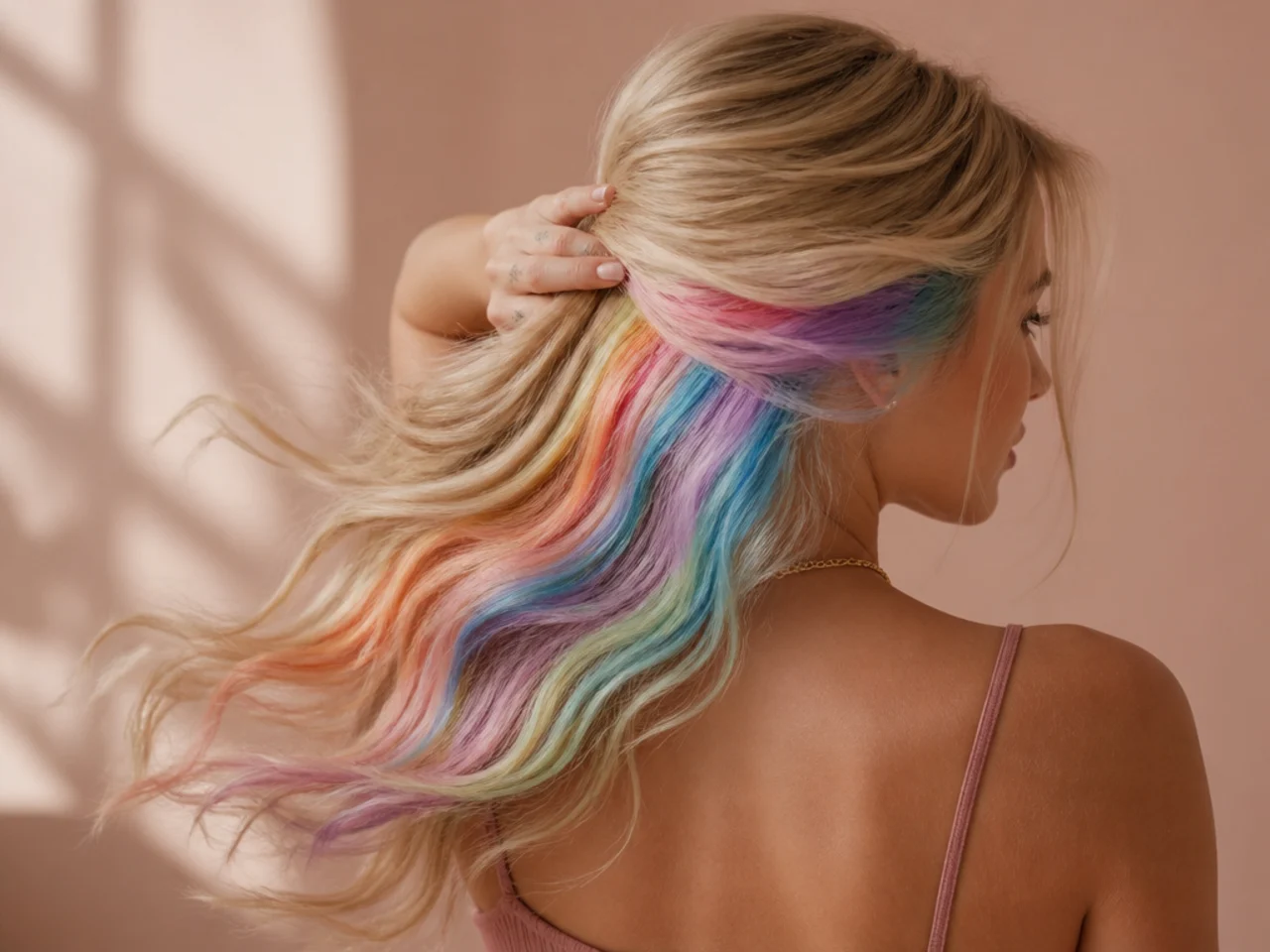 A pastel rainbow panel on blonde hair