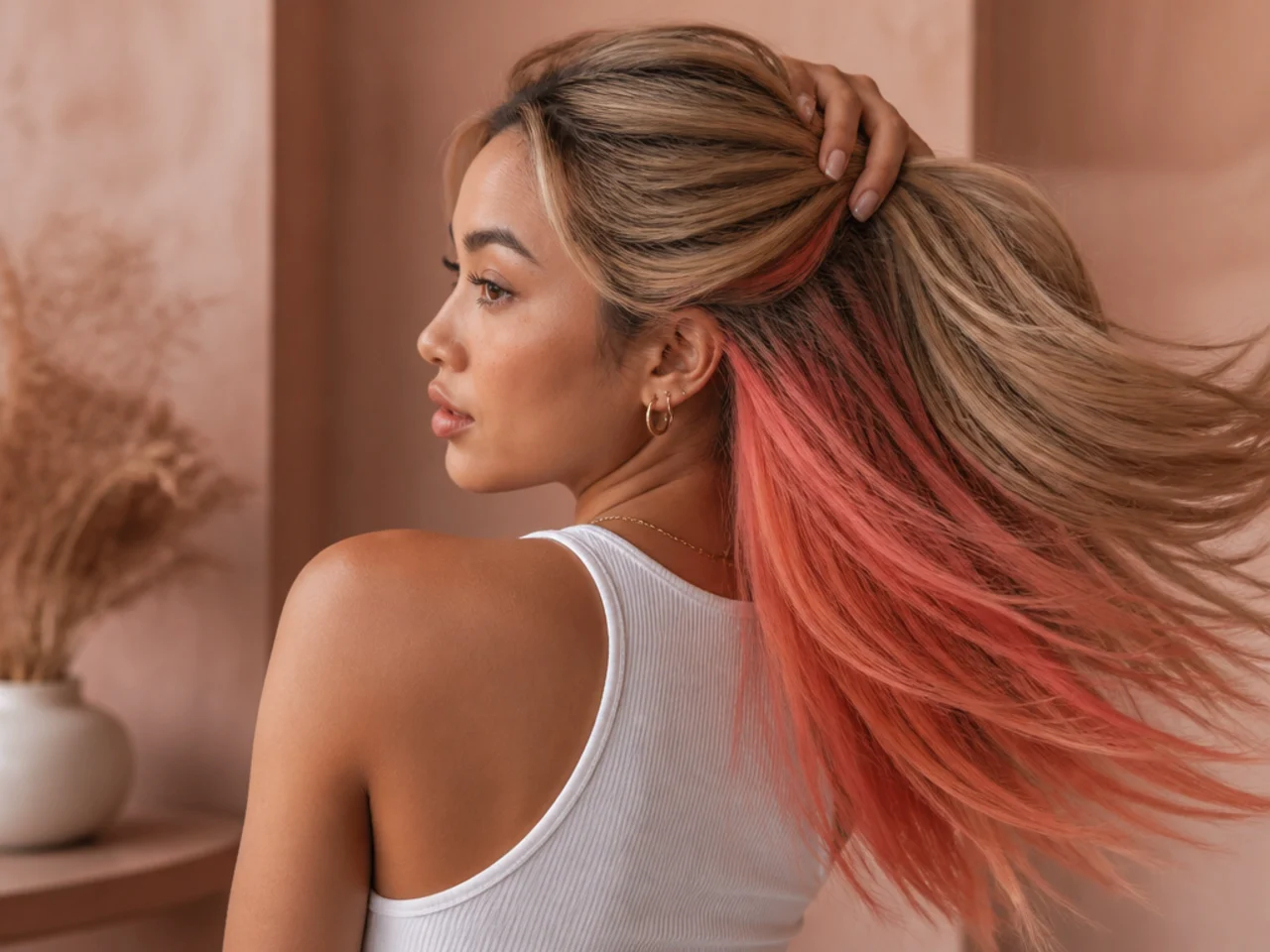 A coral panel on blonde hair