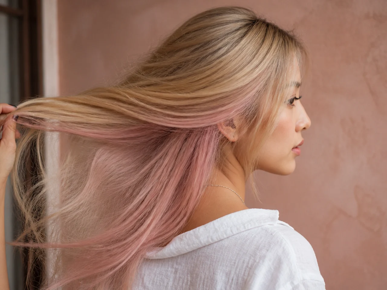 A baby pink panel on blonde hair