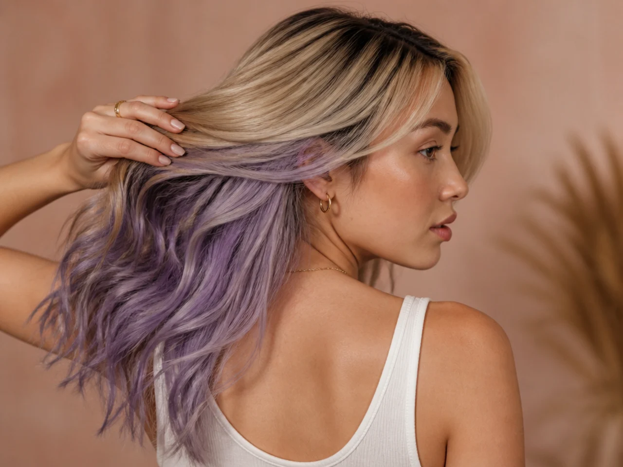 A lavender grey panel on blonde hair