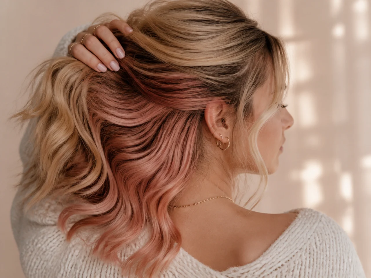 A rose gold panel on blonde hair