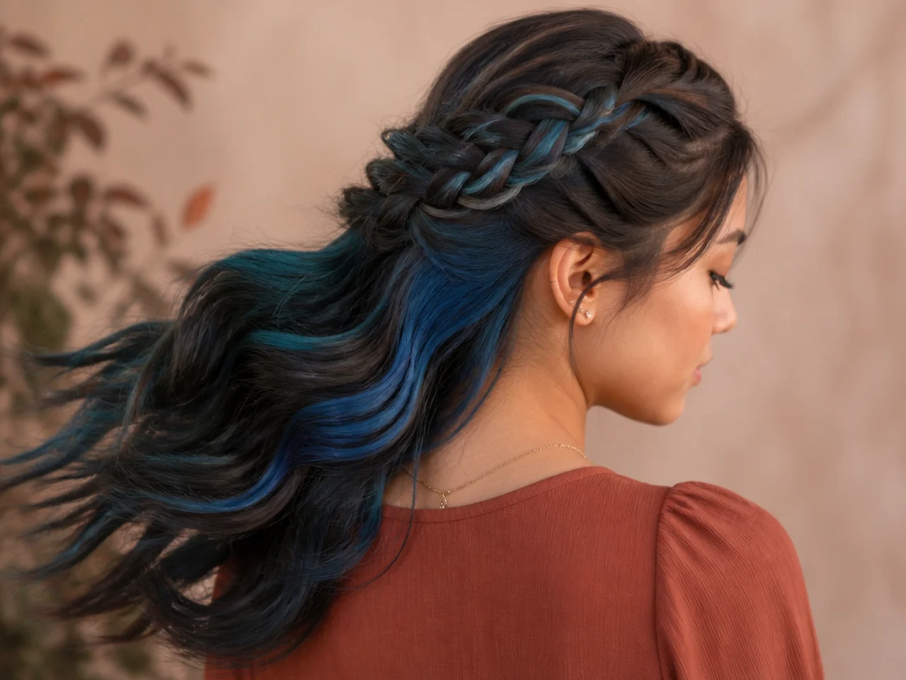 Blue colour woven through a Dutch braid