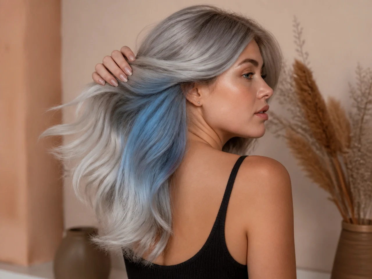 An ice blue panel under silver hair