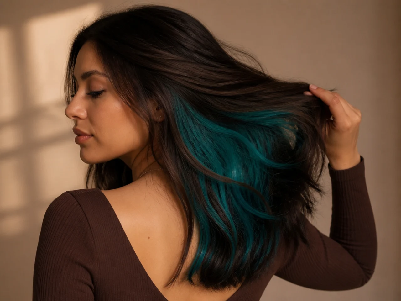 A deep teal panel under dark brown hair