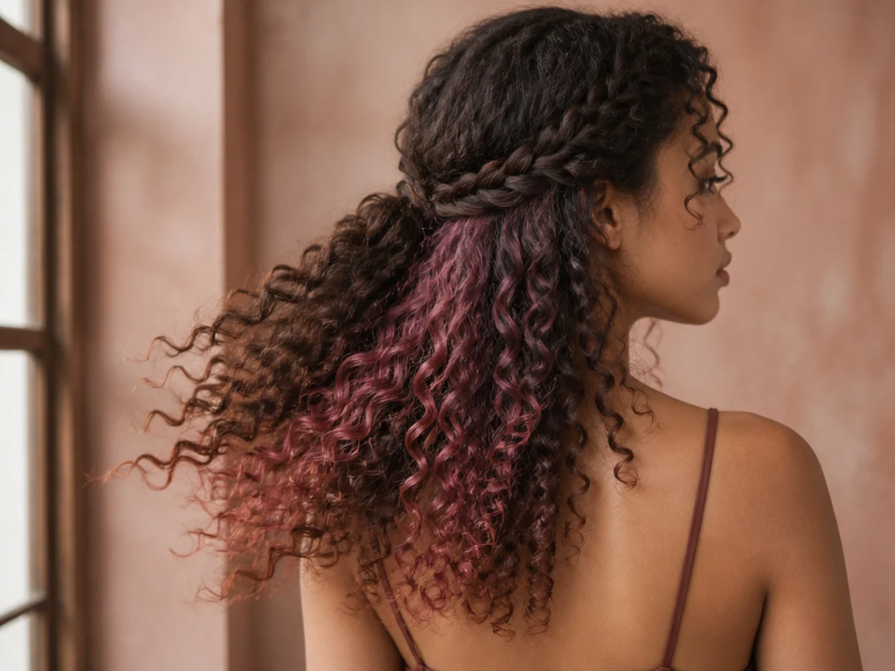 A braided half-up on curly hair with colour