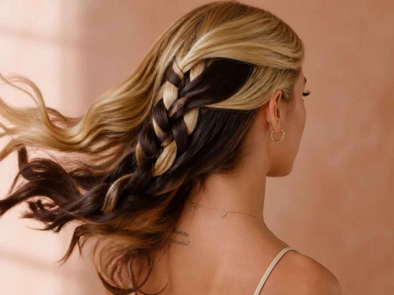 A dark panel braided through blonde hair