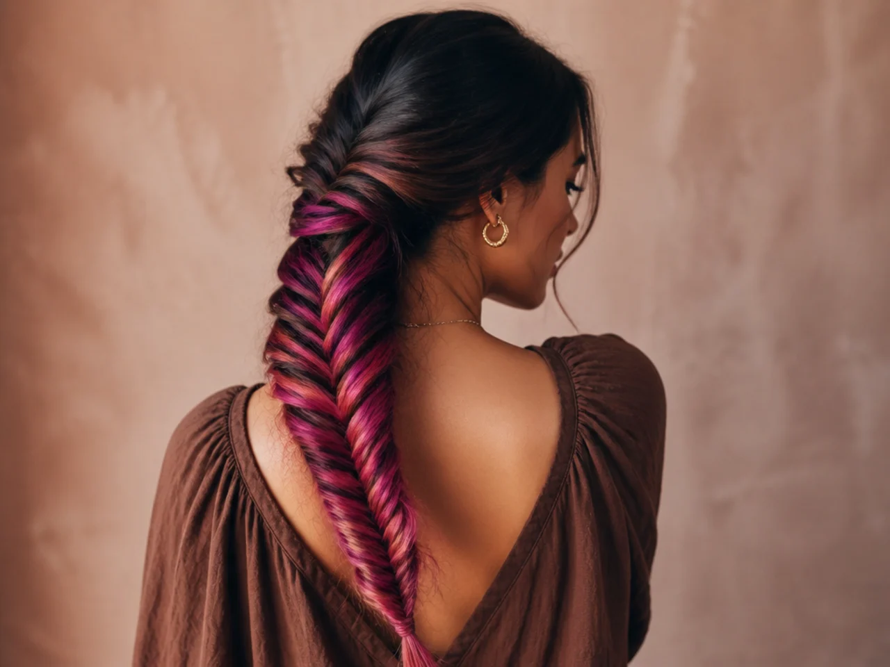 A fishtail braid with vivid colour woven through