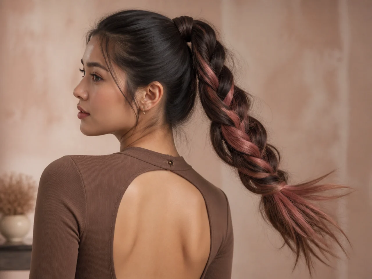 A braided ponytail with coloured sections