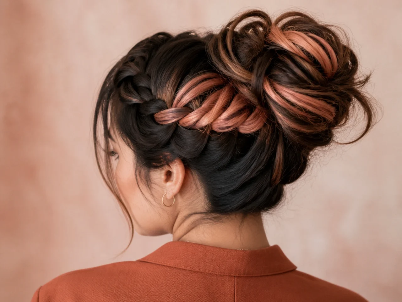 A braided bun with colour spiralling through