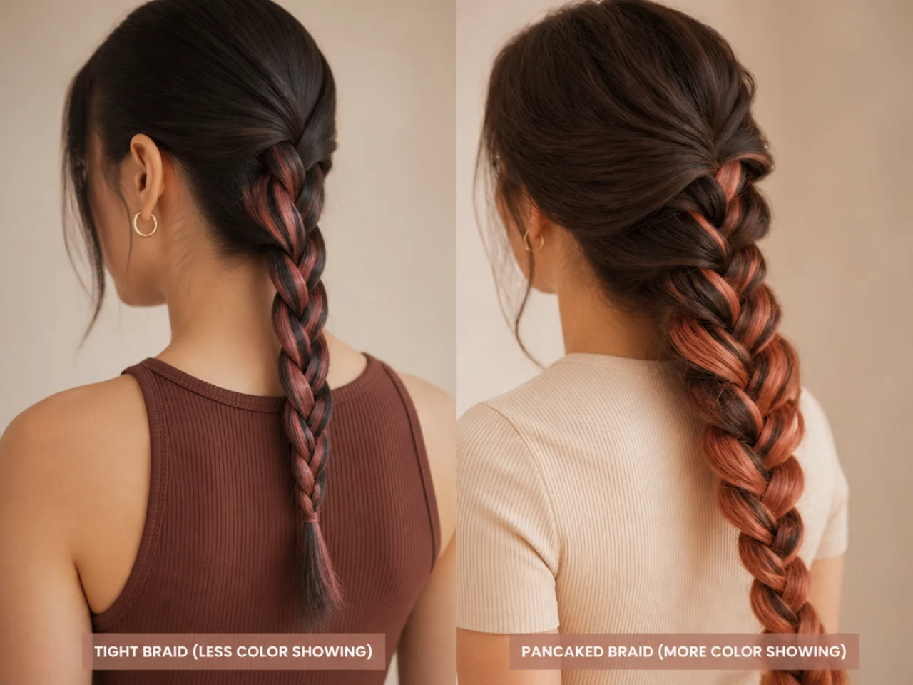 A tight braid and a pancaked braid showing different amounts of colour