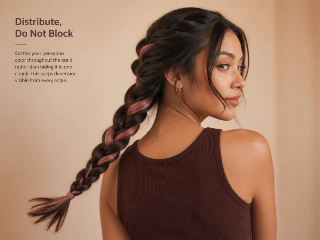 Distributed colour sections beside one solid block in a braid