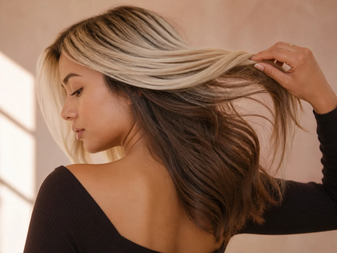 An ash brown panel under bleached blonde hair