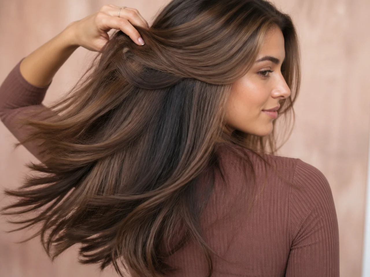 An espresso panel under light brown hair