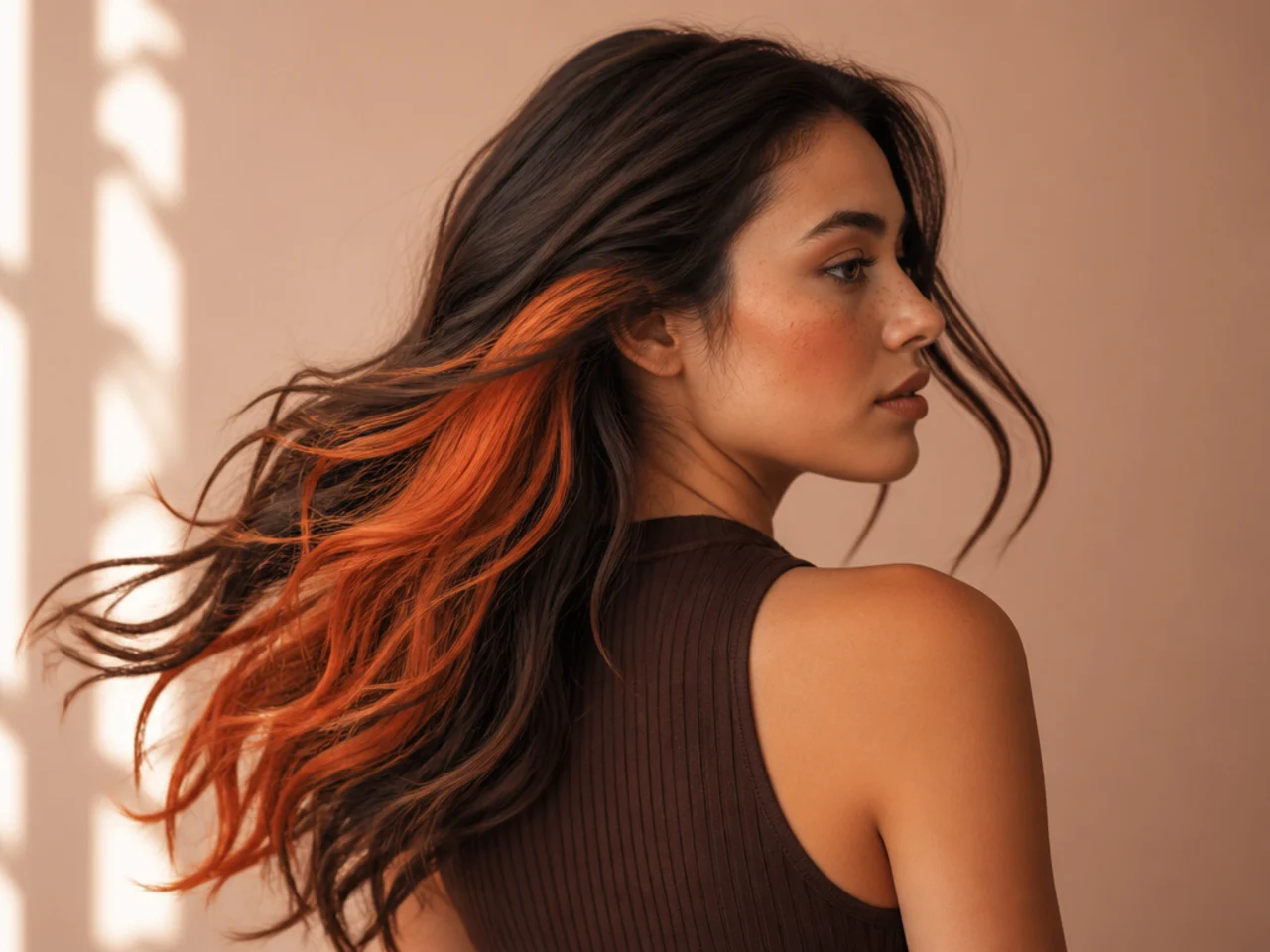 An orange panel on brunette hair