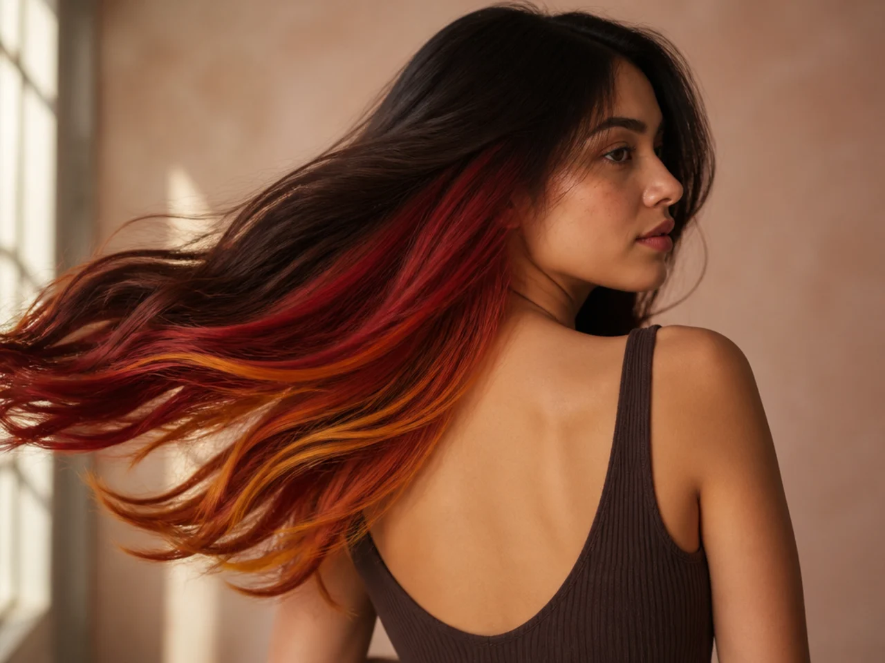 A red-to-gold ombré panel on brunette hair