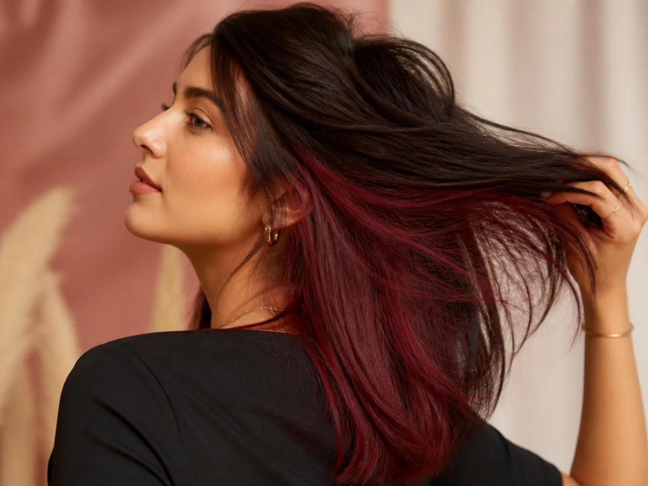 A deep red panel on brunette hair