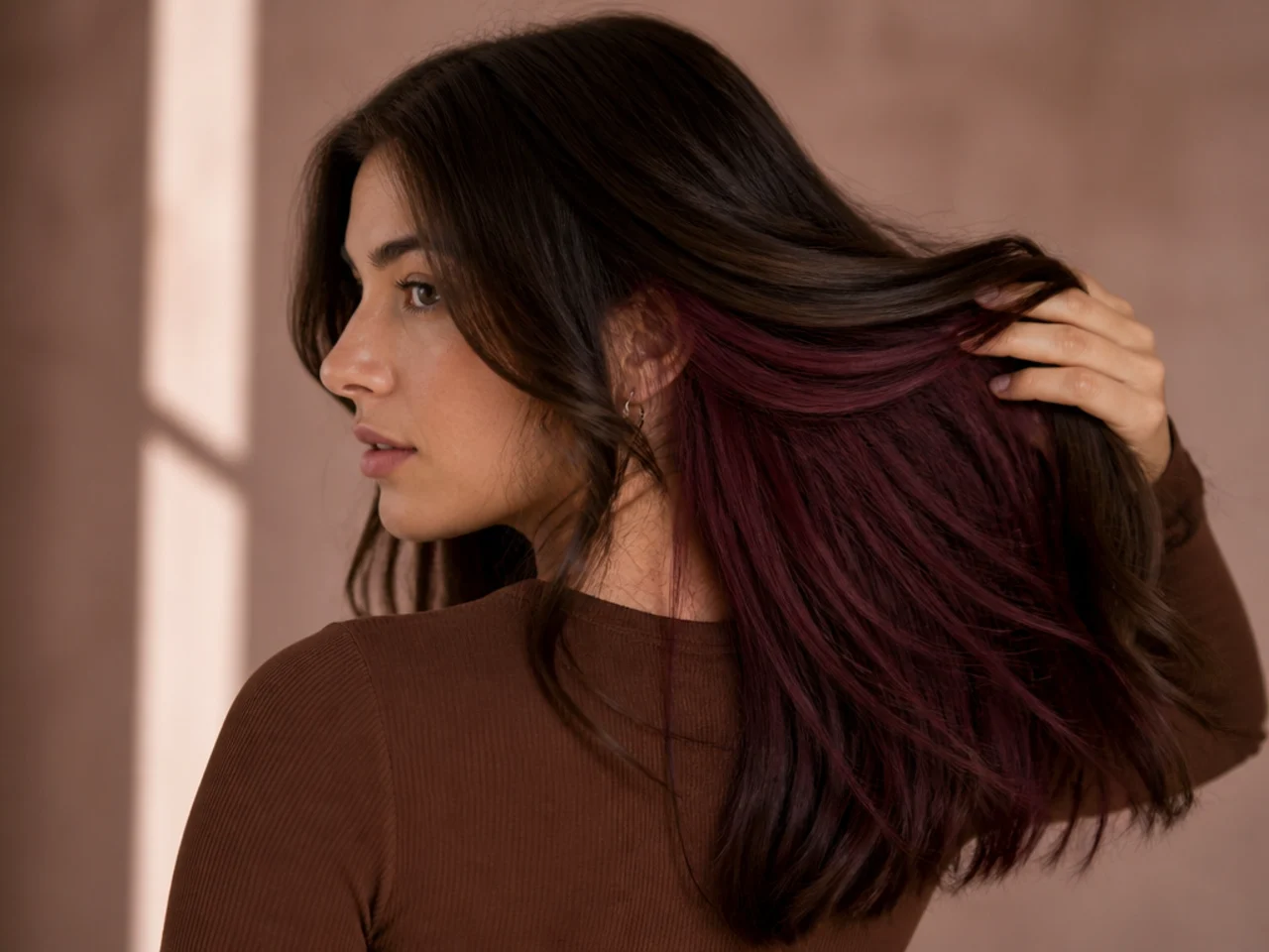 A burgundy panel on brunette hair