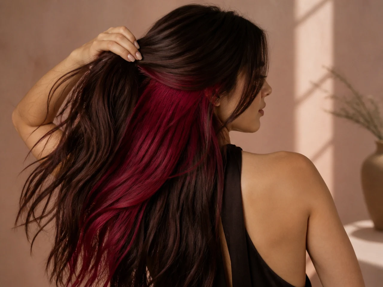 A cherry red panel on brunette hair