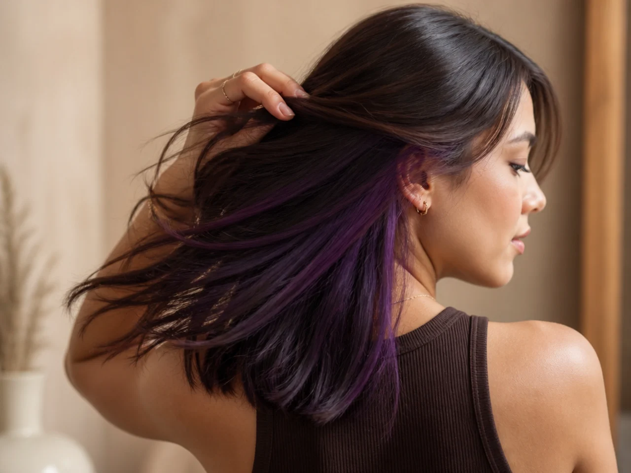 A deep violet panel on brunette hair