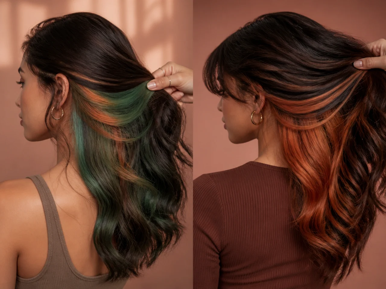 Blue over orange turning green, beside copper over orange