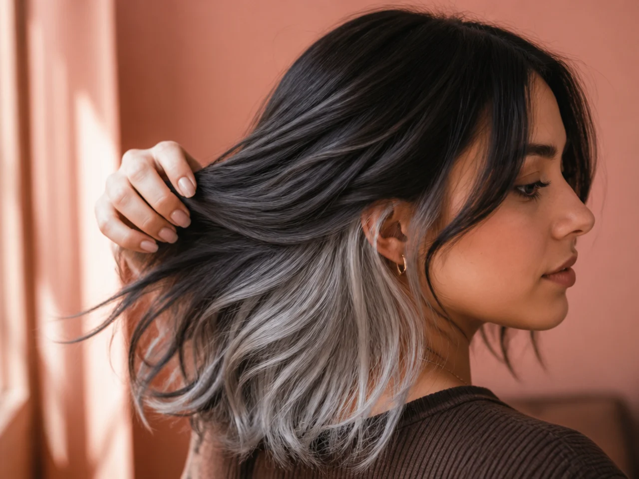 A silver panel under dark hair
