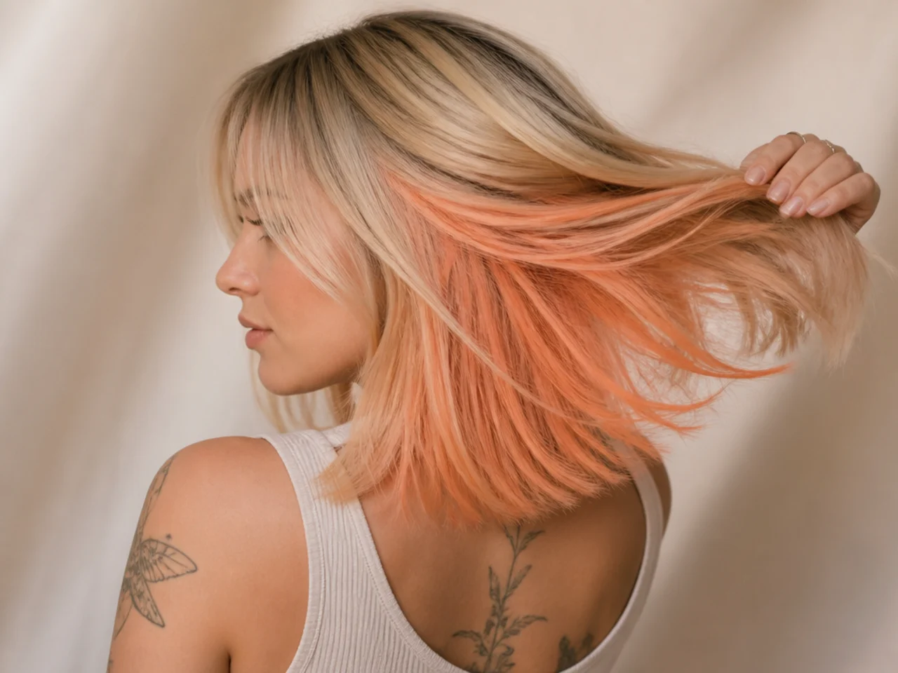 A peach panel under light blonde hair