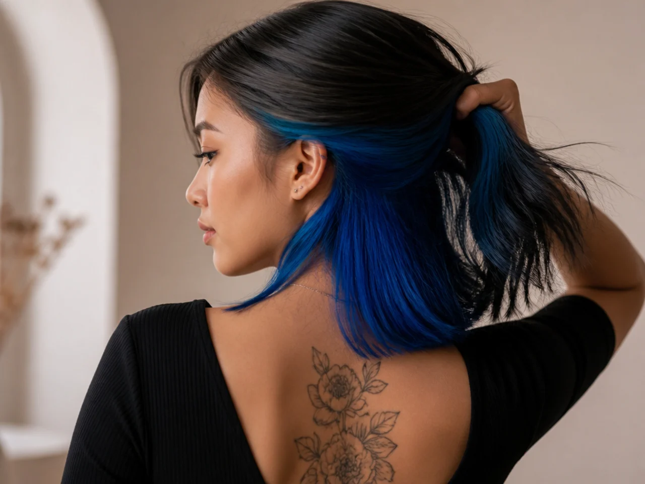 An electric blue panel under black hair