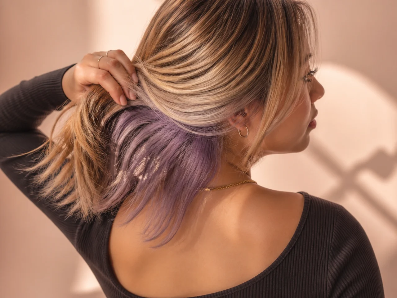 A lilac panel under blonde hair