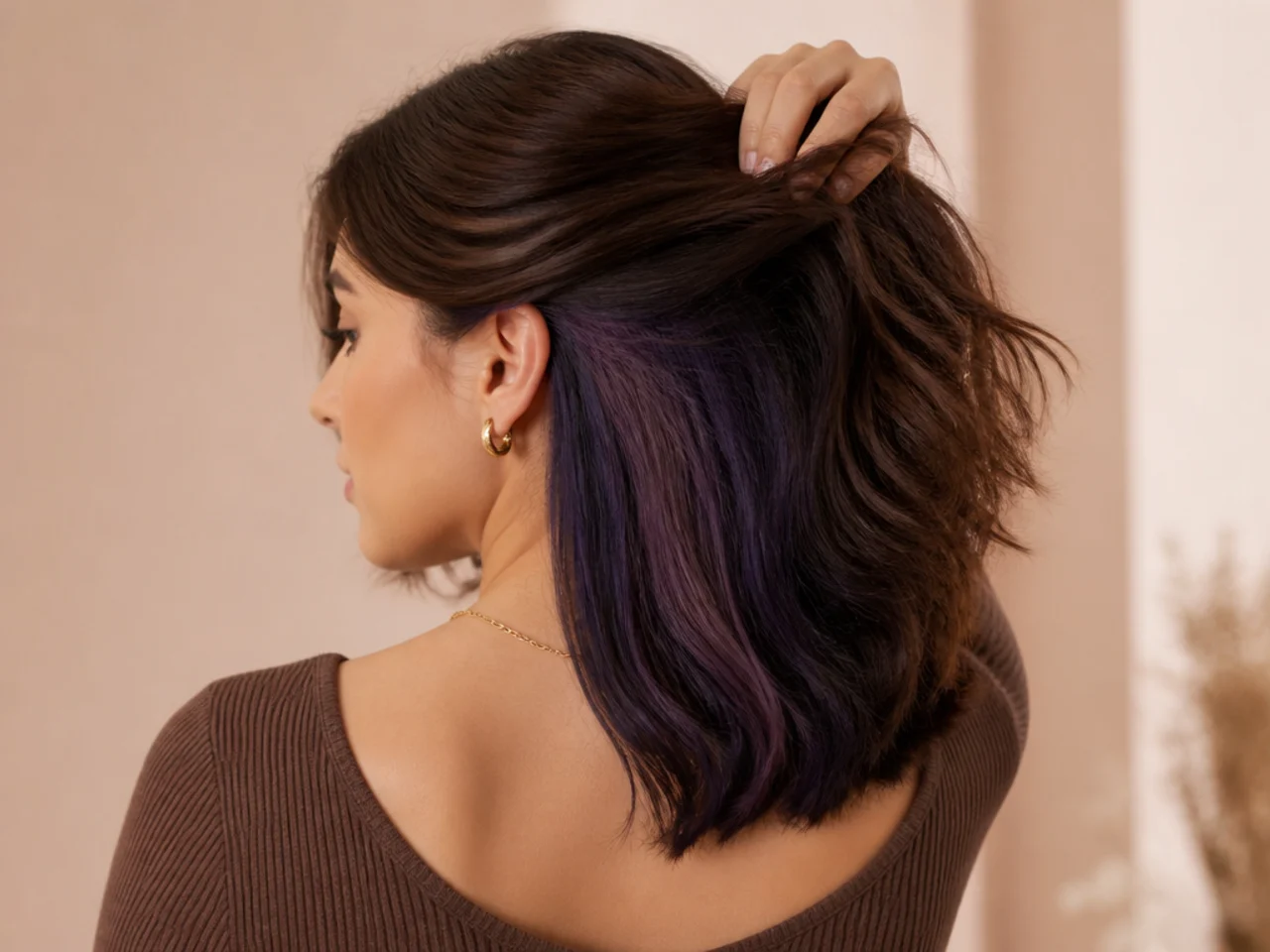 A deep violet panel under brunette hair