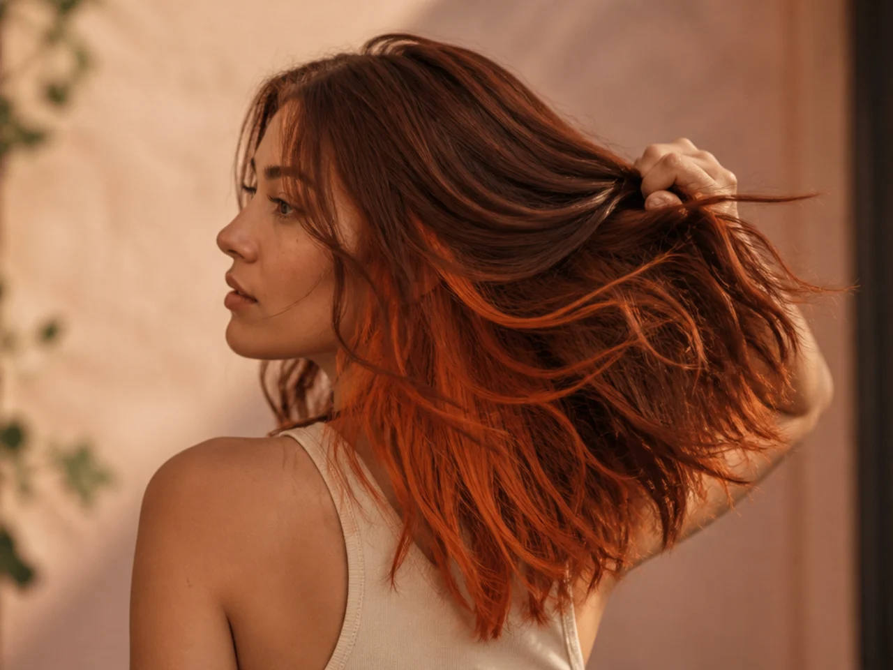 A copper panel under auburn hair