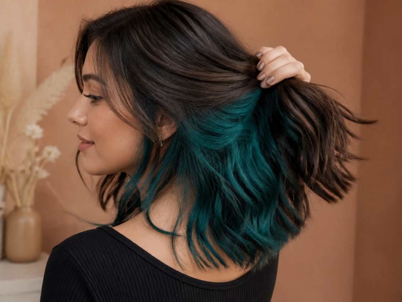 A teal panel under dark brown hair