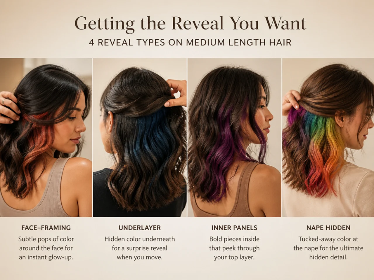 Four reveal types mapped on medium-length hair