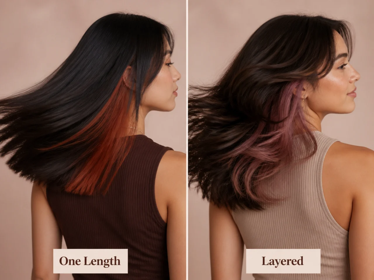A panel on one-length hair beside one on layered hair