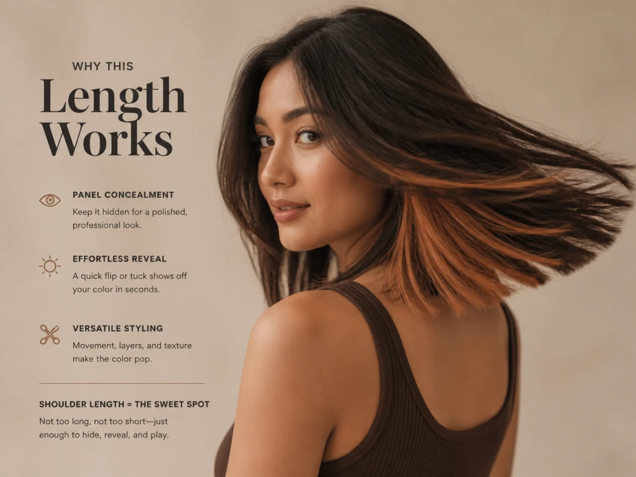 Panel concealment and reveal on shoulder-length hair