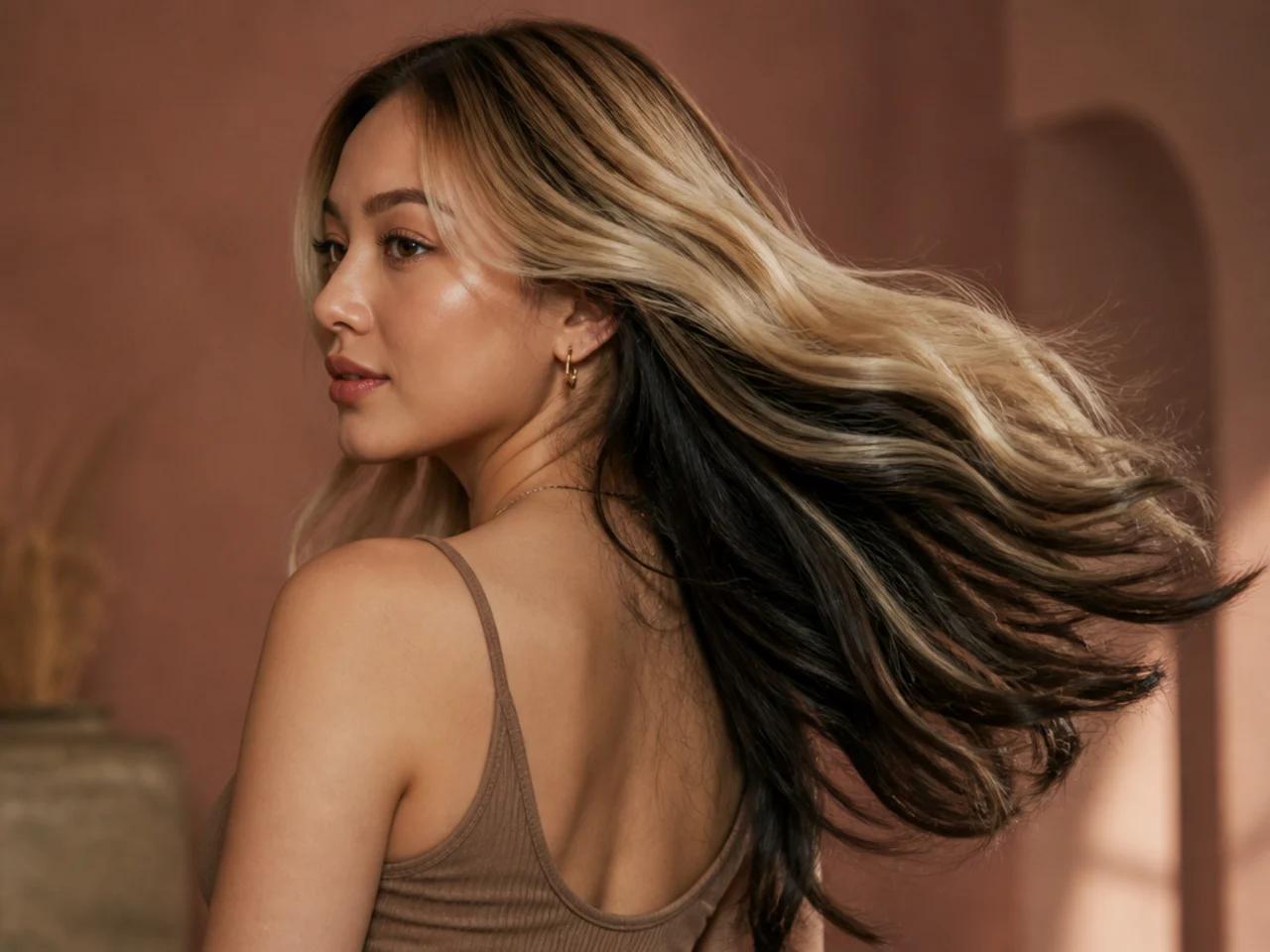 A reverse peekaboo on blonde hair