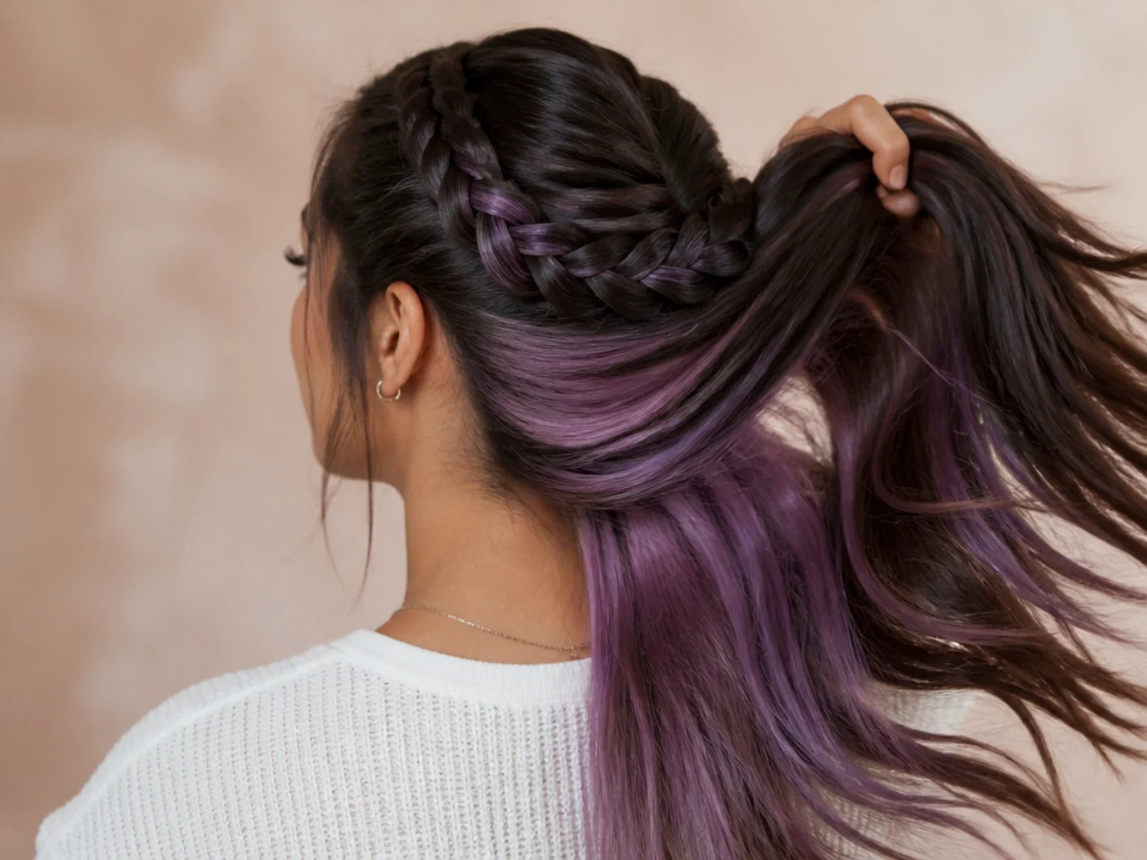 Purple colour woven through a Dutch braid