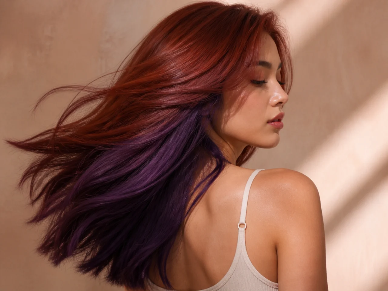 A deep purple panel on red hair