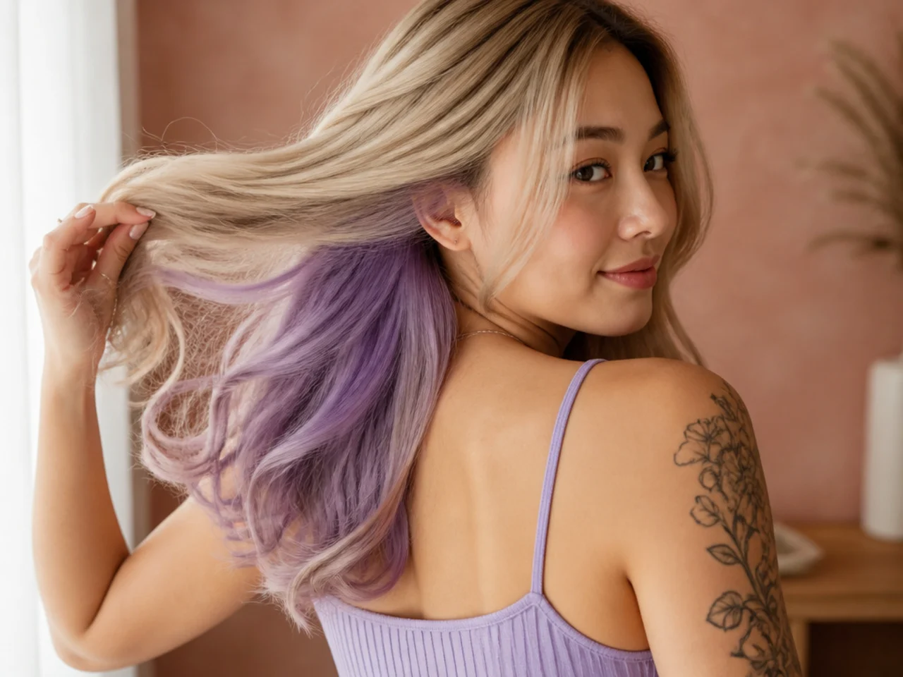 A pastel lilac panel under blonde hair