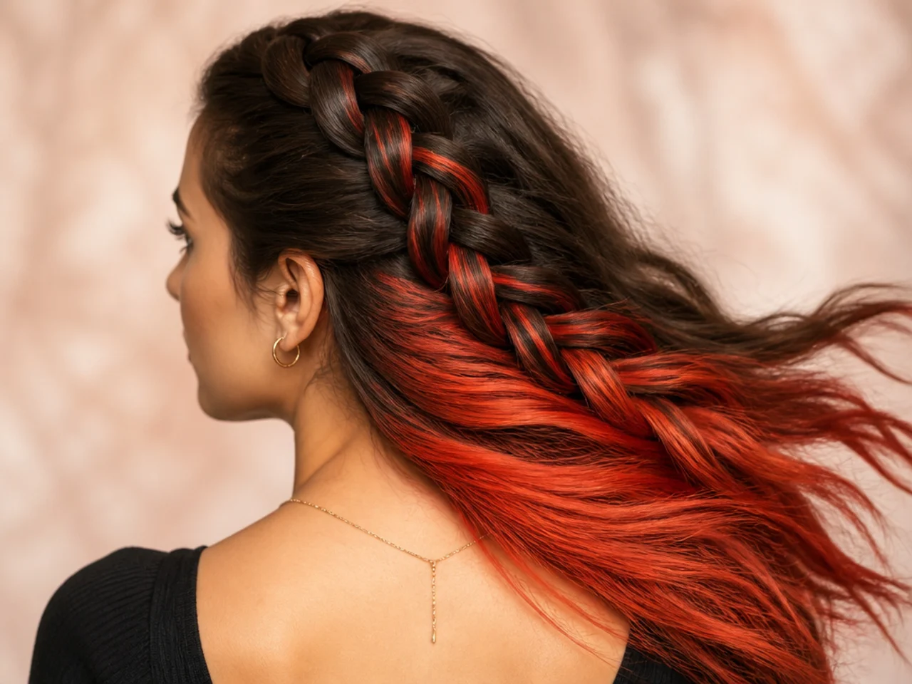 Red colour woven through a Dutch braid