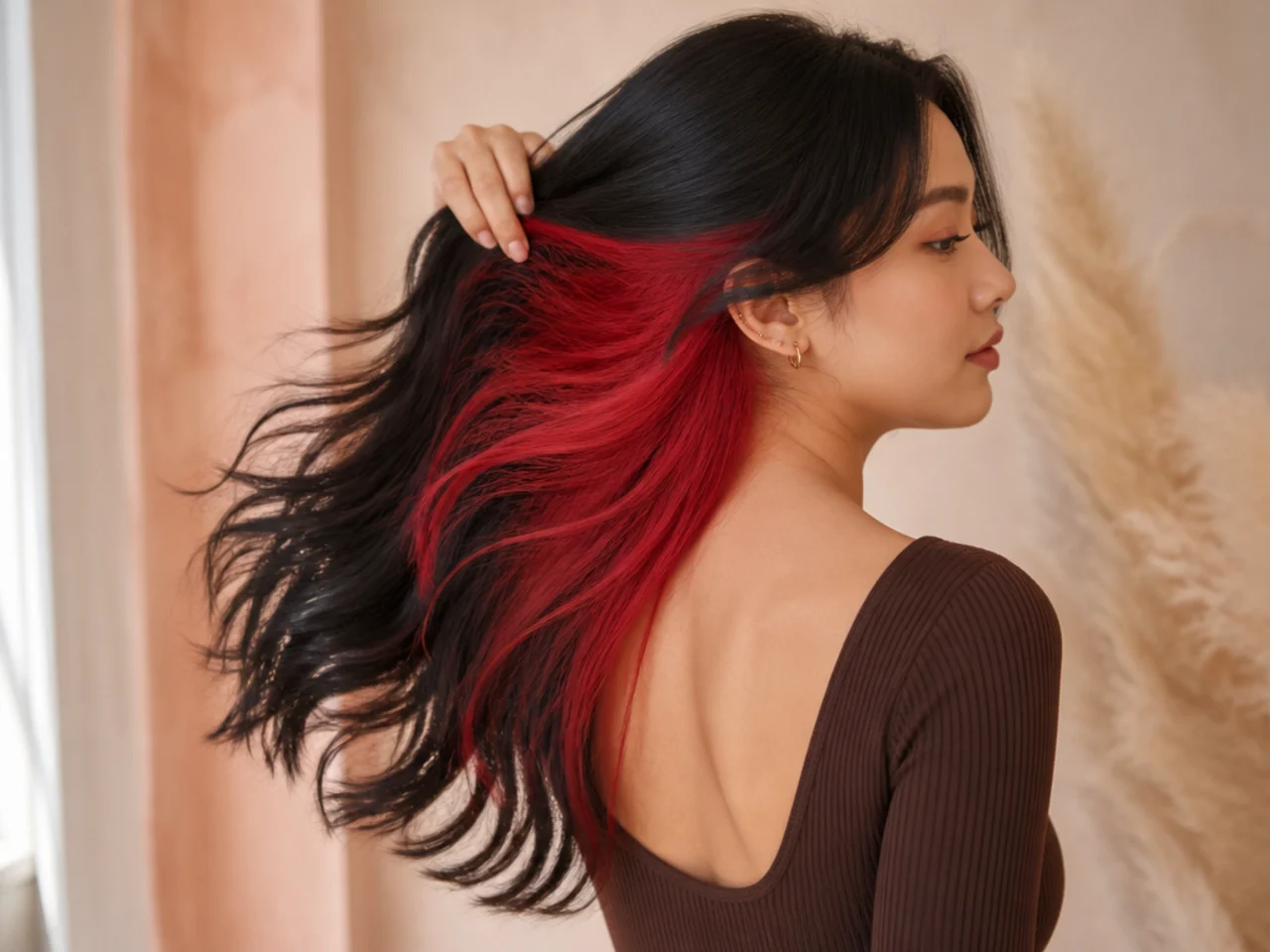 A bright red panel under black hair