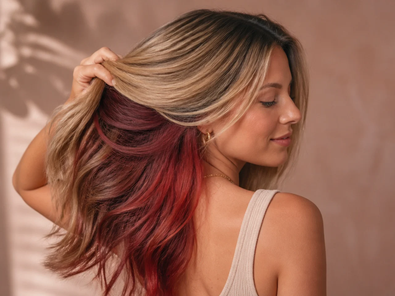 A red panel under blonde hair