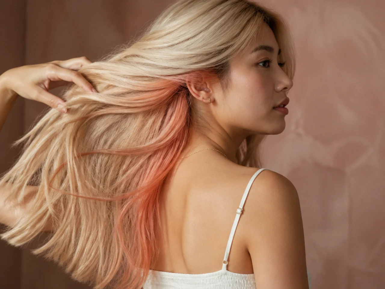 Peach panel under light blonde hair