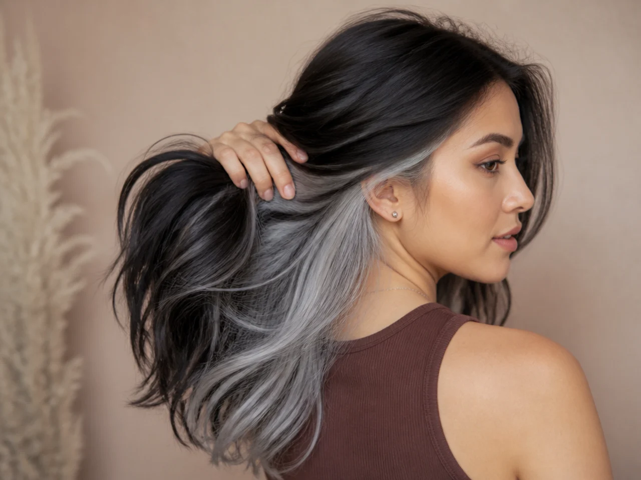 Silver panel under dark hair