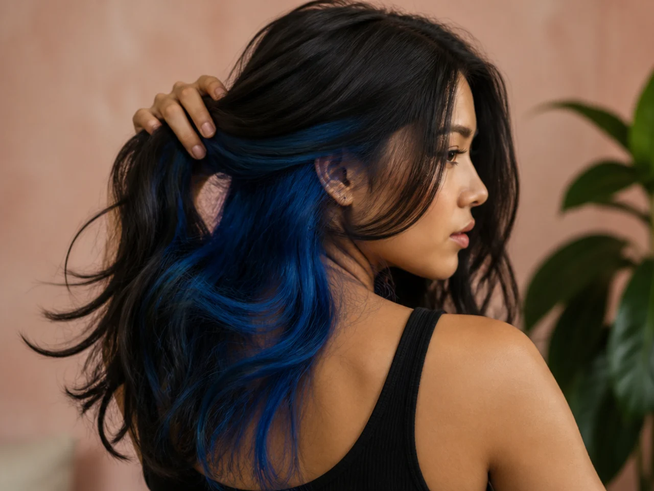 Electric blue panel under black hair